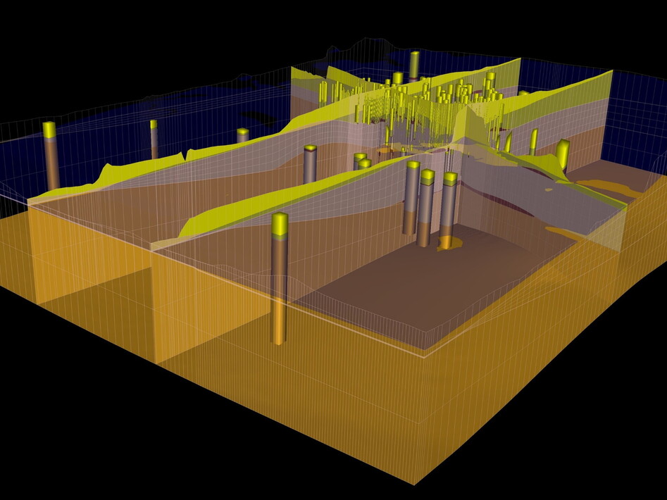 Modello geologico 3D con sezioni stratigrafiche colorate